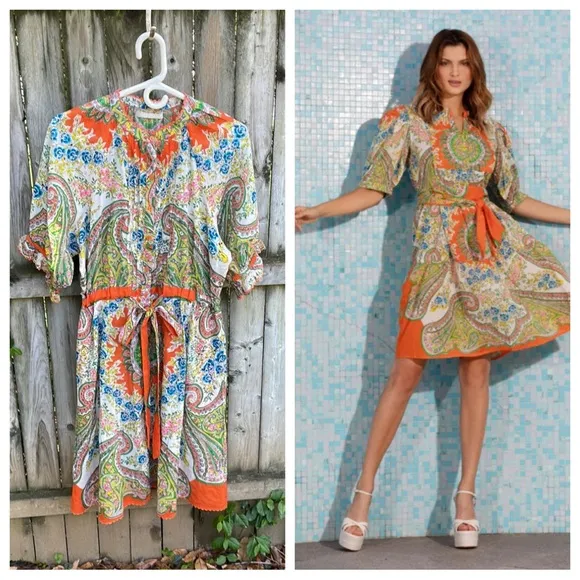 Lola Australia Cotton Paisley Floral Dress in Tinker Orange belt buttons L