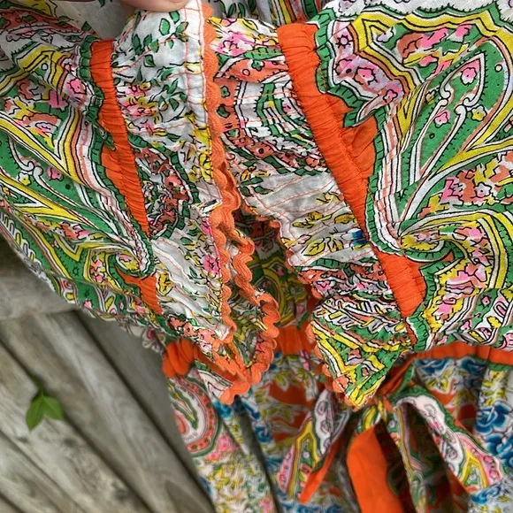 Lola Australia Cotton Paisley Floral Dress in Tinker Orange belt buttons L