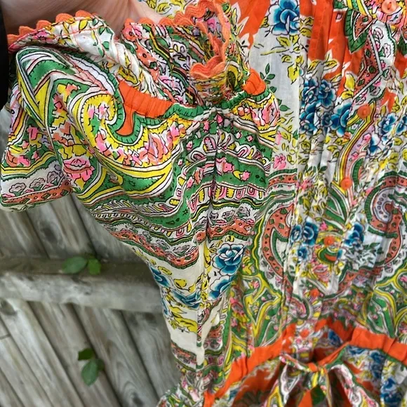 Lola Australia Cotton Paisley Floral Dress in Tinker Orange belt buttons L