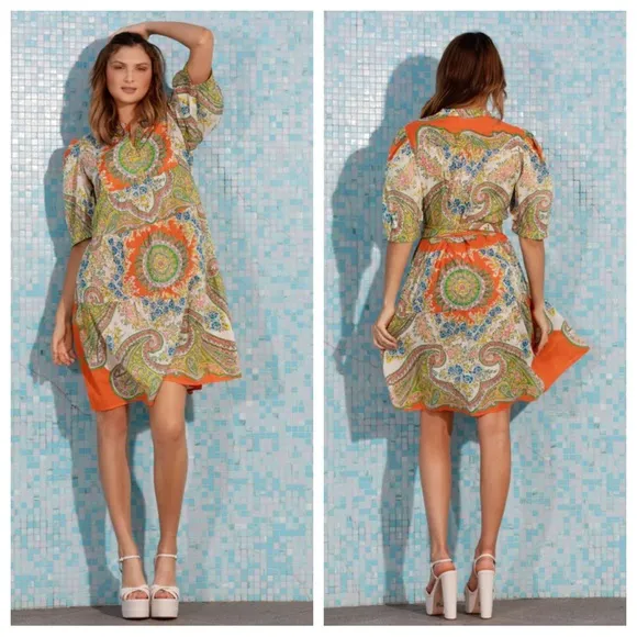 Lola Australia Cotton Paisley Floral Dress in Tinker Orange belt buttons L