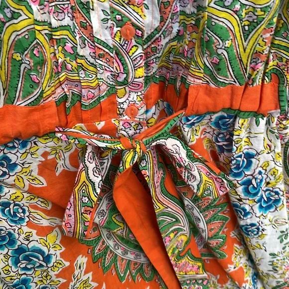 Lola Australia Cotton Paisley Floral Dress in Tinker Orange belt buttons L
