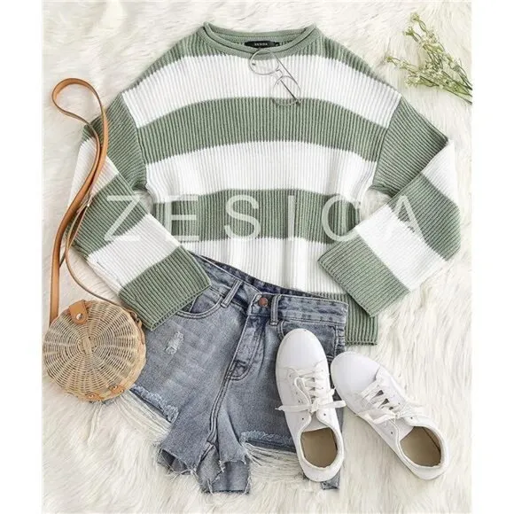 Long Sleeve Crew Neck Striped Oversized Knitted Pullover Sweater, Green