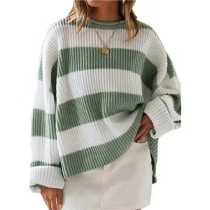 Long Sleeve Crew Neck Striped Oversized Knitted Pullover Sweater, Green