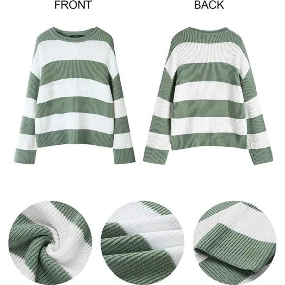 Long Sleeve Crew Neck Striped Oversized Knitted Pullover Sweater, Green