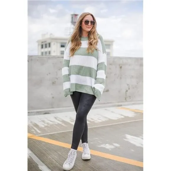Long Sleeve Crew Neck Striped Oversized Knitted Pullover Sweater, Green