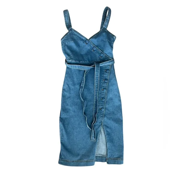 Lovers   Friends Ember Denim Asymmetric Button Front Tie Waist Slit Midi Dress S