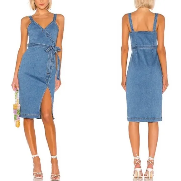 Lovers   Friends Ember Denim Asymmetric Button Front Tie Waist Slit Midi Dress S
