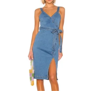 Lovers   Friends Ember Denim Asymmetric Button Front Tie Waist Slit Midi Dress S