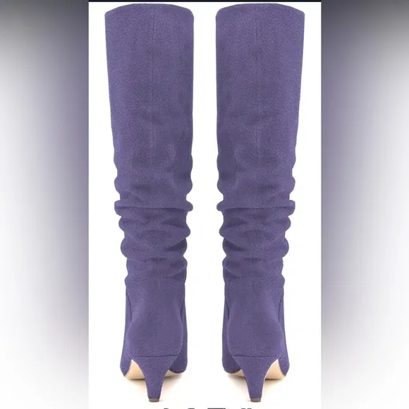 Low Kitten Heel Knee High Boots Pointed Toe Suede Slouch Boots Pull On Wide Calf