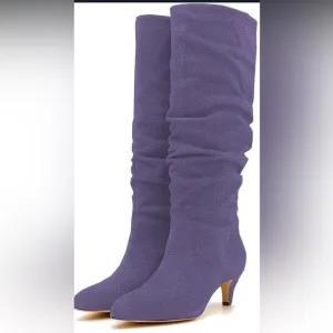 Low Kitten Heel Knee High Boots Pointed Toe Suede Slouch Boots Pull On Wide Calf