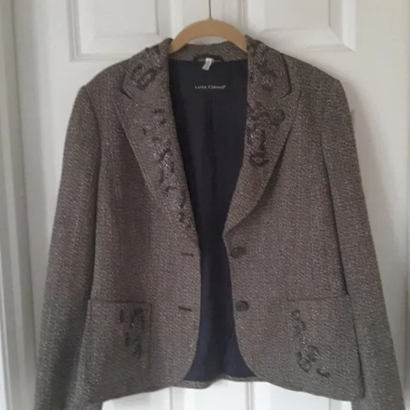 Luisa Cerano Brown Tweed Beaded Blazer Jacket 10