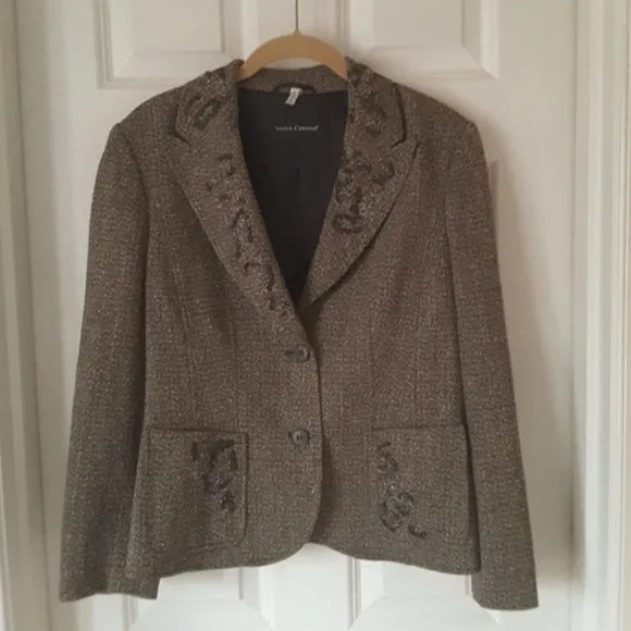 Luisa Cerano Brown Tweed Beaded Blazer Jacket 10