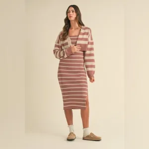 MABLE Stripe Crop Cardigan and Bodycon Dress Sweater Set