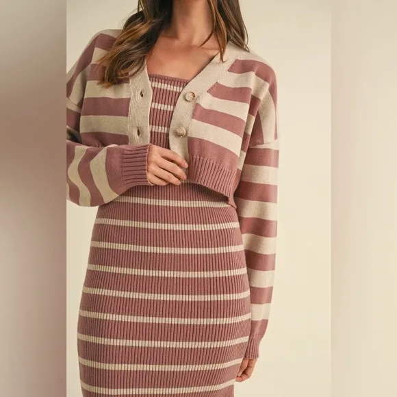 MABLE Stripe Crop Cardigan and Bodycon Dress Sweater Set
