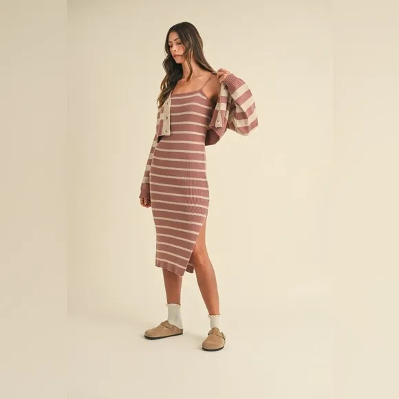MABLE Stripe Crop Cardigan and Bodycon Dress Sweater Set