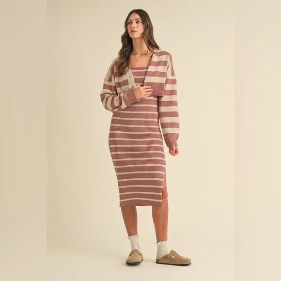 MABLE Stripe Crop Cardigan and Bodycon Dress Sweater Set