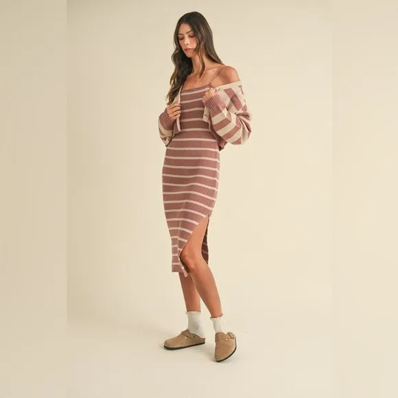 MABLE Stripe Crop Cardigan and Bodycon Dress Sweater Set