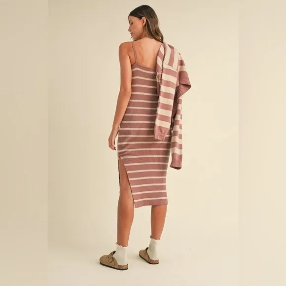 MABLE Stripe Crop Cardigan and Bodycon Dress Sweater Set