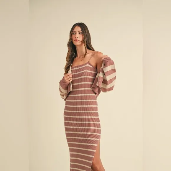MABLE Stripe Crop Cardigan and Bodycon Dress Sweater Set