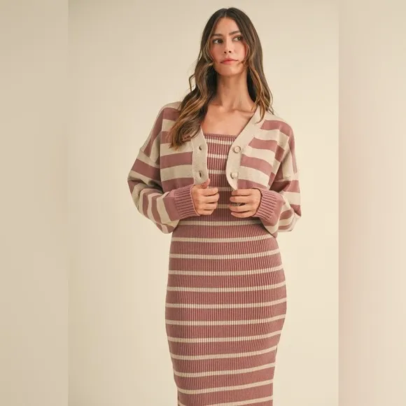 MABLE Stripe Crop Cardigan and Bodycon Dress Sweater Set
