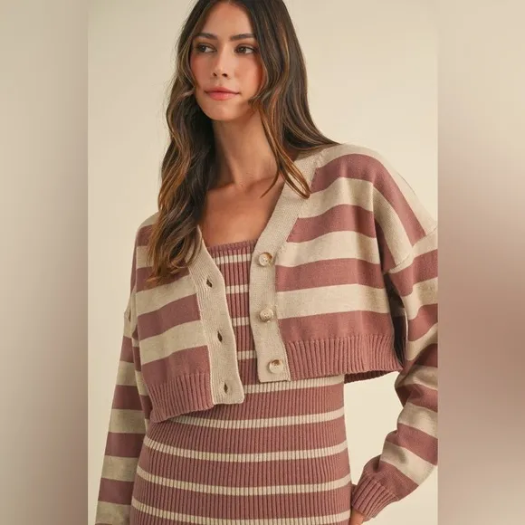 MABLE Stripe Crop Cardigan and Bodycon Dress Sweater Set