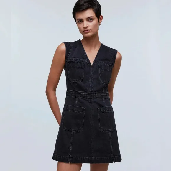 Madewell Black Denim Cap-Sleeve Mini Dress in Tarrybrook Wash Size 2