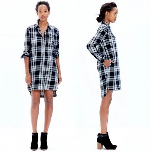MADEWELL Daywalk Black White Plaid Flannel Popover Shirt Dress