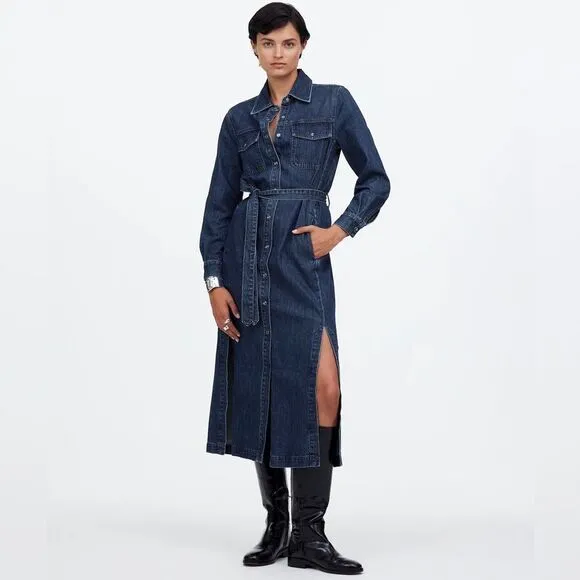 MADEWELL Denim Midi Dress Size XXS Avenida Dark Blue Tie Waist Side Slits Retro