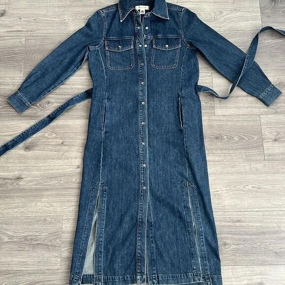 MADEWELL Denim Midi Dress Size XXS Avenida Dark Blue Tie Waist Side Slits Retro