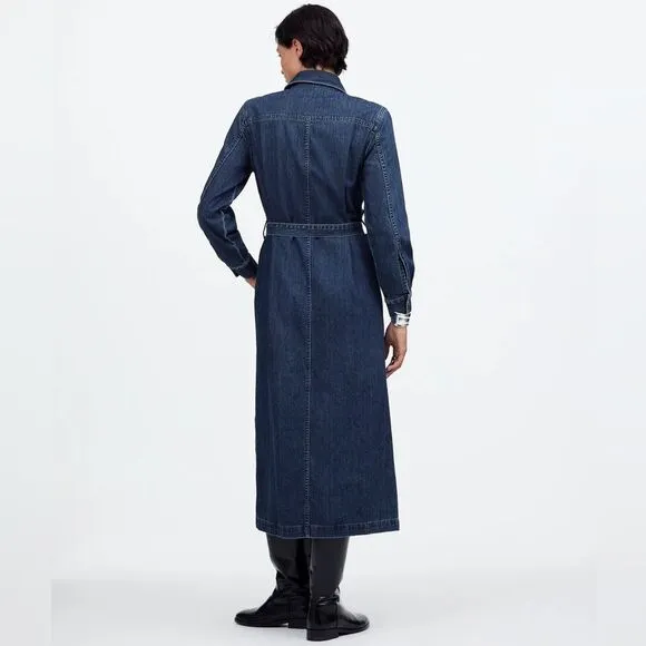 MADEWELL Denim Midi Dress Size XXS Avenida Dark Blue Tie Waist Side Slits Retro