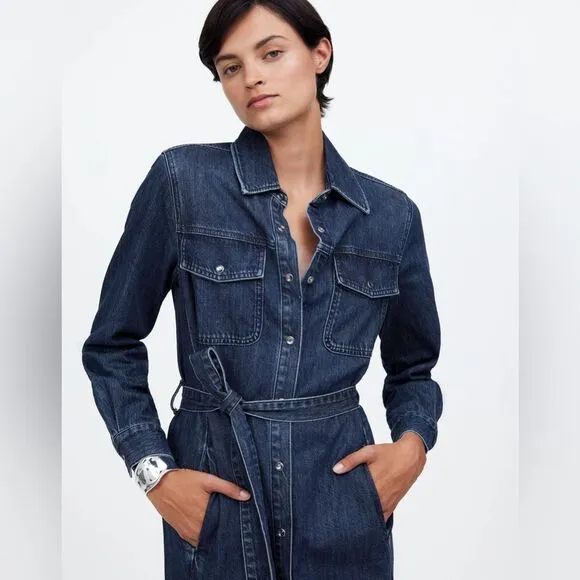 MADEWELL Denim Midi Dress Size XXS Avenida Dark Blue Tie Waist Side Slits Retro
