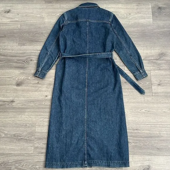 MADEWELL Denim Midi Dress Size XXS Avenida Dark Blue Tie Waist Side Slits Retro