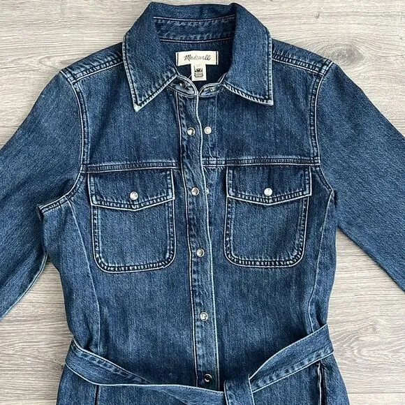 MADEWELL Denim Midi Dress Size XXS Avenida Dark Blue Tie Waist Side Slits Retro