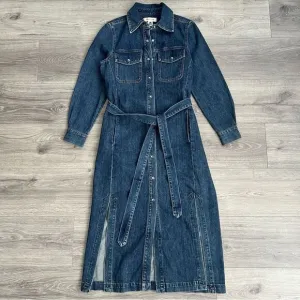 MADEWELL Denim Midi Dress Size XXS Avenida Dark Blue Tie Waist Side Slits Retro