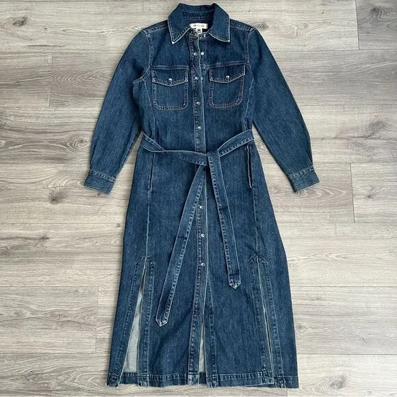 MADEWELL Denim Midi Dress Size XXS Avenida Dark Blue Tie Waist Side Slits Retro