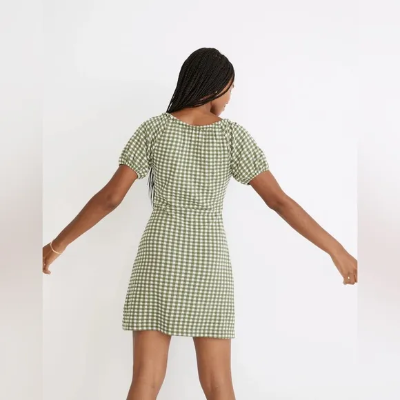 Madewell Jacquard Puff-Sleeve Mini Dress in Gingham Check