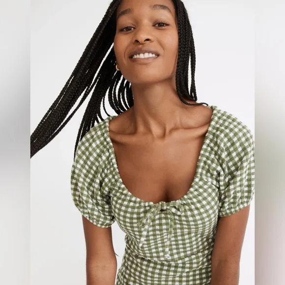 Madewell Jacquard Puff-Sleeve Mini Dress in Gingham Check