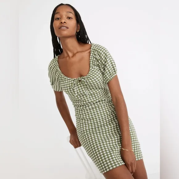 Madewell Jacquard Puff-Sleeve Mini Dress in Gingham Check