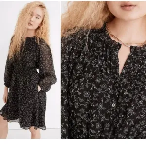 MADEWELL Ruffle-Neck Button-Front Mini Dress in Dotted Vines, XS