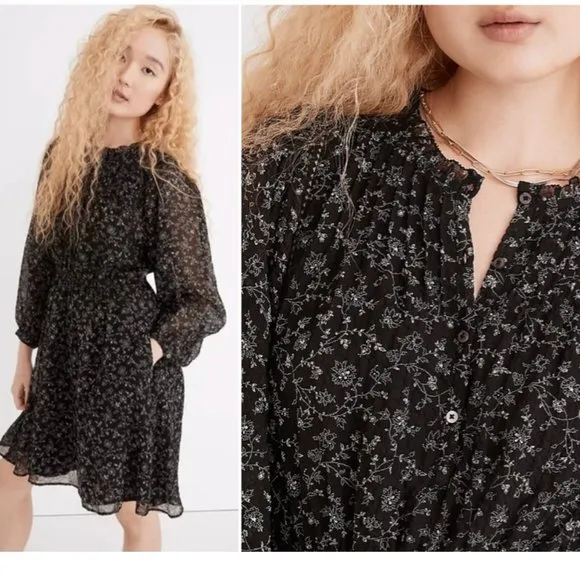 MADEWELL Ruffle-Neck Button-Front Mini Dress in Dotted Vines, XS