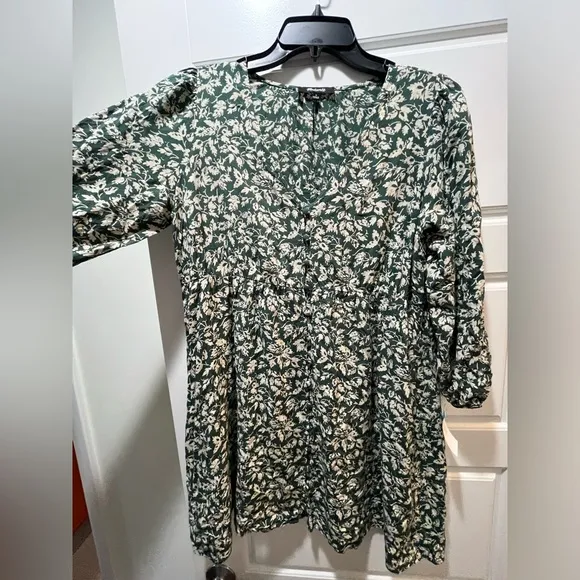 Madewell Tunic shirt/dress, green and cream floral. Size S. EUC