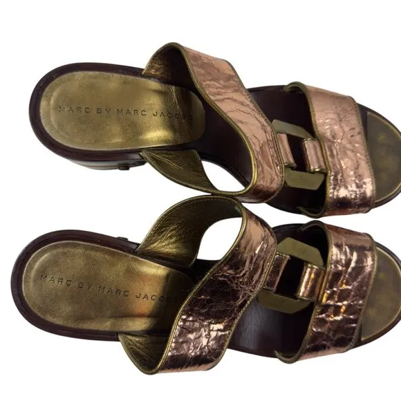 Marc by Marc Jacobs Slip On Mules Sandals Metallic Open Toe Block Heels Women's