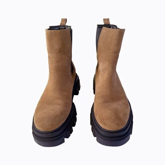 Marc Fisher Ankle Boot Brown Suede Leather Y2K Grunge Chunky Lug Platform Sz 9