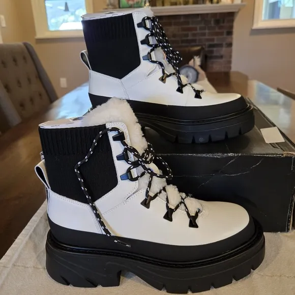 Marc Fisher LTD ML IZUMA Leather Sheep Fur Lace-Up Combar Boots 6.5