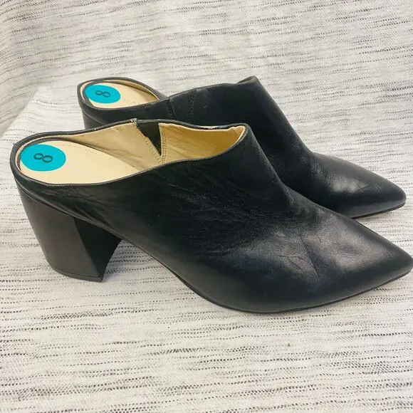 Marc Fisher MFragni Classic Heeled Pointed Toe Black Leather Mules Size 8