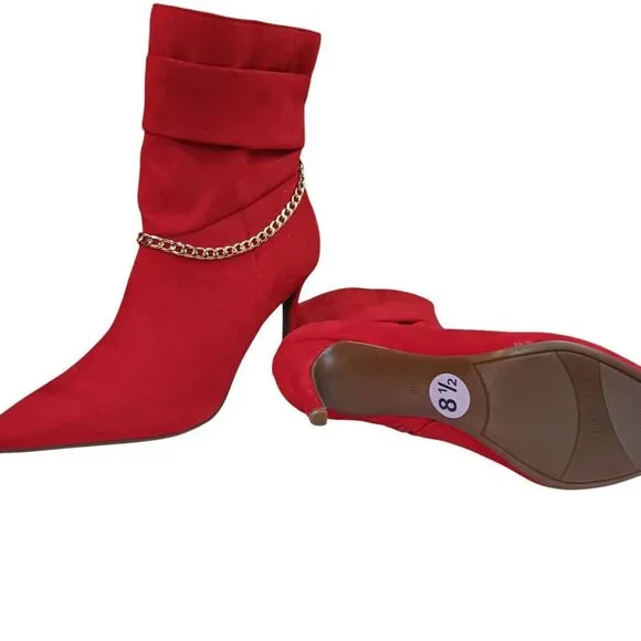 Marc Fisher Red Suede Ankle Boots 8.5 Gold Chain Stiletto Heels Bold &amp; Fierce