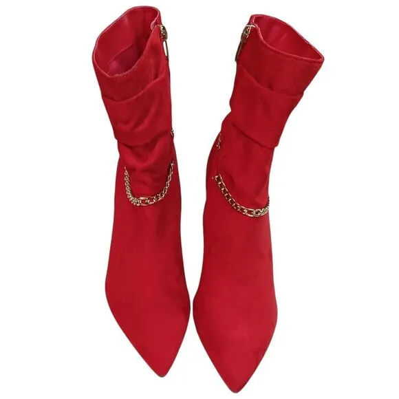 Marc Fisher Red Suede Ankle Boots 8.5 Gold Chain Stiletto Heels Bold &amp; Fierce