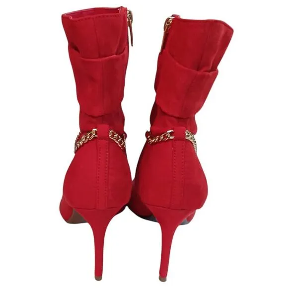 Marc Fisher Red Suede Ankle Boots 8.5 Gold Chain Stiletto Heels Bold &amp; Fierce