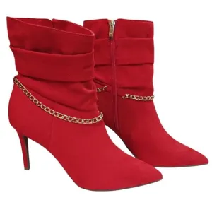 Marc Fisher Red Suede Ankle Boots 8.5 Gold Chain Stiletto Heels Bold &amp; Fierce