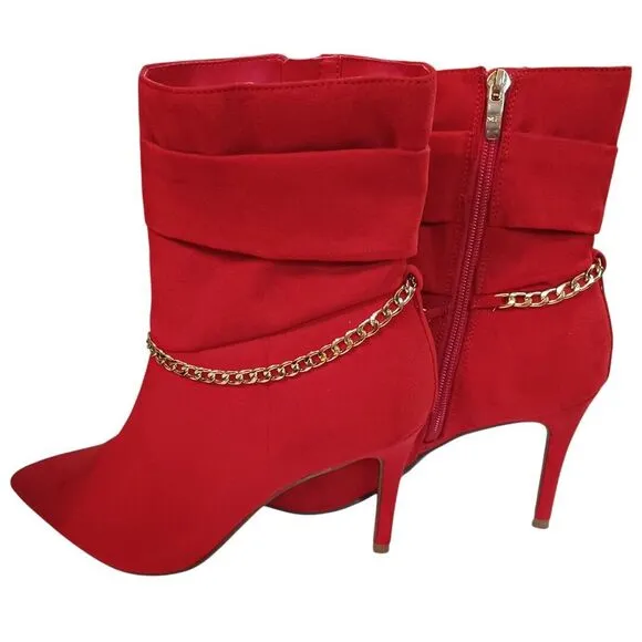 Marc Fisher Red Suede Ankle Boots 8.5 Gold Chain Stiletto Heels Bold &amp; Fierce
